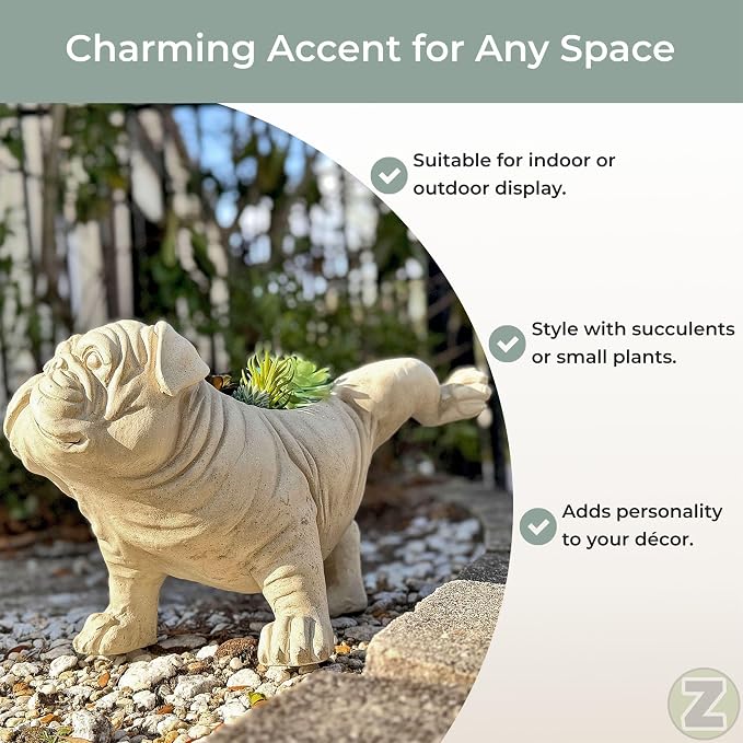 Zeckos Bulldog Planter, Antique Stone Finish Magnesium Oxide Freestanding Dog Planter, 11 Inch Tall Decorative MGO Animal Planter with Drain Hole for Indoor Display and Decor