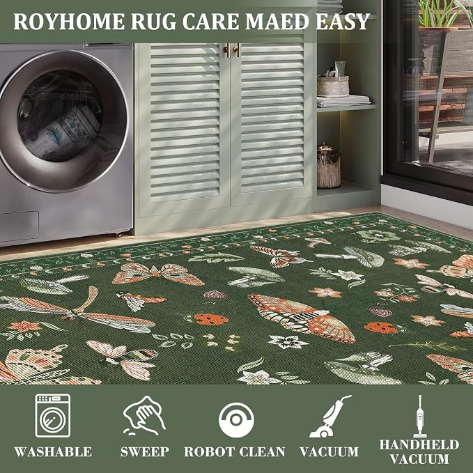 ROYHOME Mushroom Washable Rugs 5x7 for Living Room Low-Pile Whimsical Cottage Core Insect Bug Butterfly Funky Dark Gothic Decor for Bedroom Nursery Dining Room Olive Green
