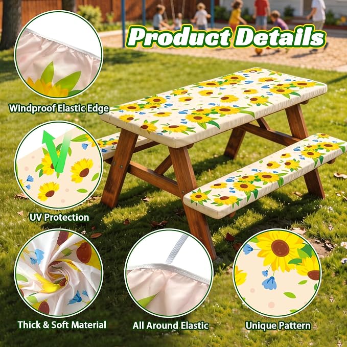 NUOLAN 6FT Picnic Table Cover with Bench Covers, Sunflower Print Windproof Waterproof Fitted Picnic Table with Elastic for Picnic, Camping, Outdoor