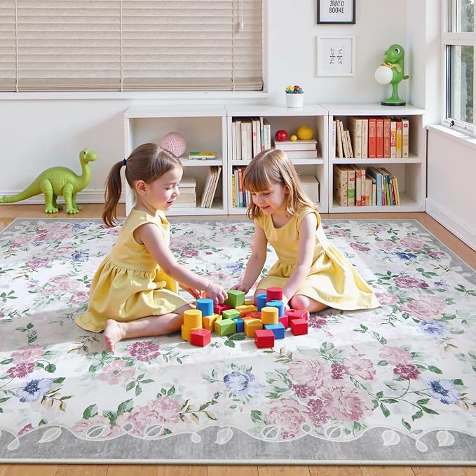 Lahome Purple Rugs for Bedroom, Floral 5x7 Area Rug | Vintage Living Room Rug Non Slip Low Pile Ultra-Thin Large Carpet for Farmhouse Dining Room Kids Nursery Nina (Purple/Grey)