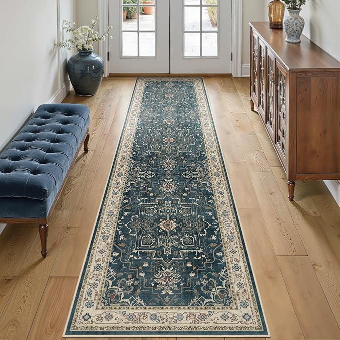 Deep Blue Hallway 2x8 Runner Rug, Washable Non Slip Entryway Runner Indoor, 0.27 Low Pile Vintage Medallion Distressed Carpet Runners 8ft for Kitchen/Bedroom Bedside/Laundry Room/Bathroom