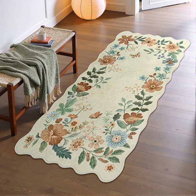 Lahome Floral Entryway Rug, 2x4 Washable Kitchen Rugs Non Slip Ultra-Thin | Front Door Mat Indoor Entrance Stain Resistant Boho Low-Pile Carpet for Entry Bathroom Bedroom Flore (2x4ft, Beige)