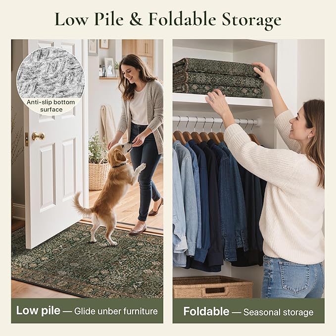 2'6" x 10' Kitchen Runner Rug, Washable Non Slip, Dark Green Brown | Vintage Floral, Spill Resistant, Lightweight Low Pile Carpet for Hallway, Bedroom, Laundry Room and Bathroom