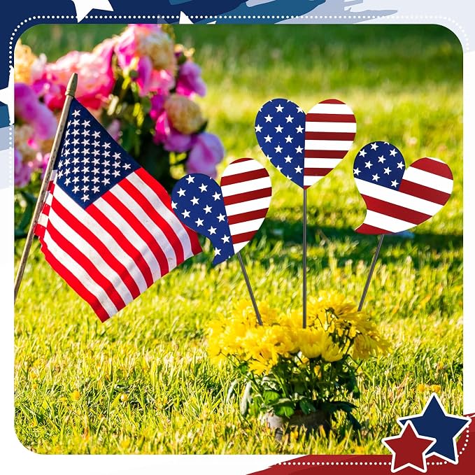 Pickmesh 6 Pcs 12" H Patriotic Yard Decor 4th of July Outdoor Decor Red White Blue Heart Metal Garden Stake 250th Anniversary USA Flag American Yard Sign for Independence Day Garden Decoration