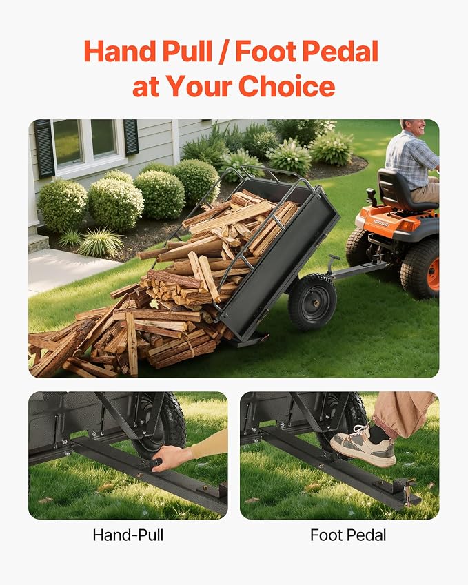 VEVOR 10 Cu.Ft. & 500lbs ATV Trailer Dump Cart Tow Behind, Heavy Duty Utility UTV Trailer, Tow Behind Steel Yard Dump Wagon Cart with 14" Tires for Lawn Mower Tractor