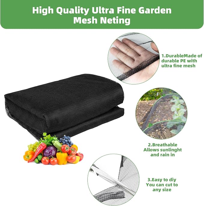 U0U Garden Mesh Netting Kit,7.8 x 24 Ft Plant Netting with Hoops,Bird Net for Garden with 6 Sets Garden Hoops & 18 Clips,Garden Net Bed Cover for Plants Birds Animals Protection (Black)