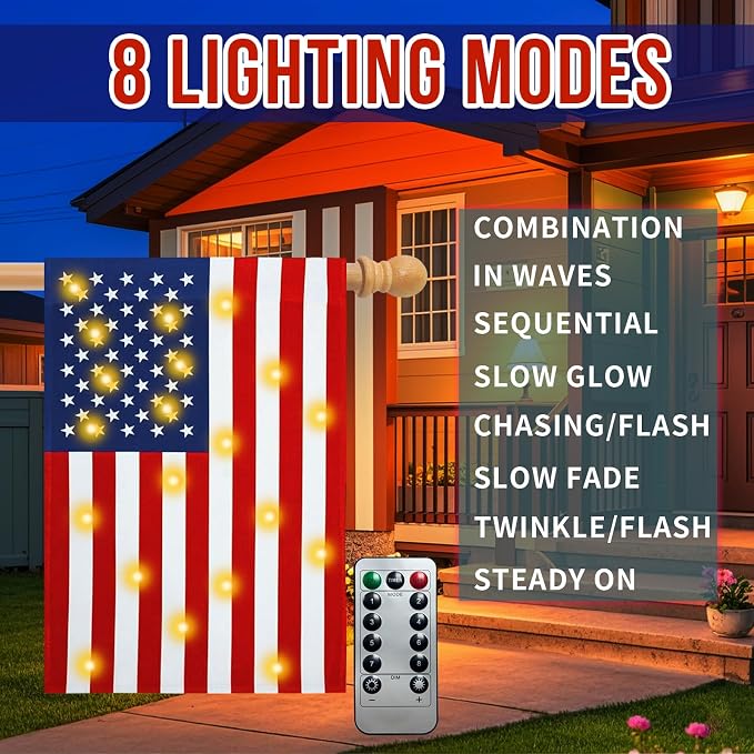 28 x 40 Inch Large Size American Flag Lights,USB Powered Light Up American Garden Flag(Power Supply not Included),Memorial Day,4th of July Decorations,Lighted Garden Outdoor Flag