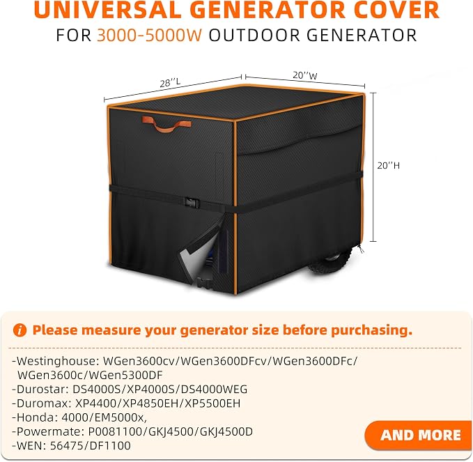 Waterproof Generator Cover 28x20x20 inch, Heavy Duty Cover & Windproof for Outdoor Generators 3000-5000 Watt, Black