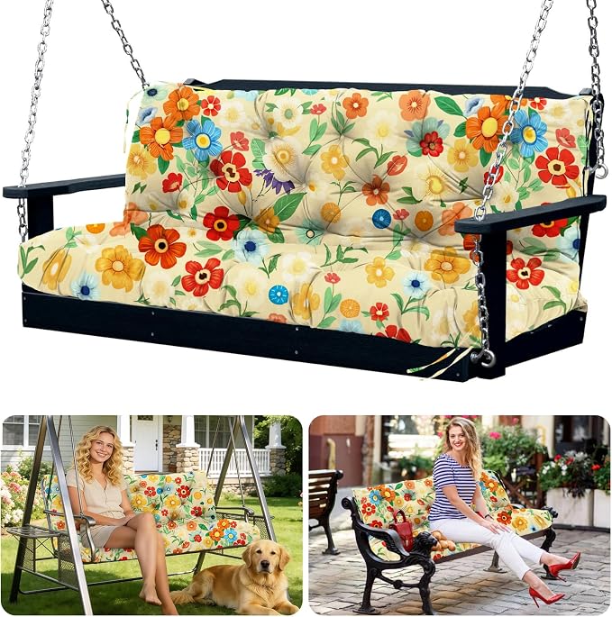 Porch Swing Cushions 2 Seater Replacement Thicken 5" Waterproof & Fade Resistant Swing Cushions for Outdoor Furniture Bench Patio Swing Cushion with Backrest & Ties(Color Floral 48x40x5inch)