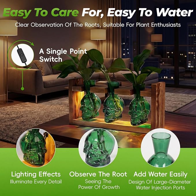 Skull Plant Propagation Station with LED Lights - Halloween Decor Skull Planter, Hydroponics Pot for Office, Unique Gifts for Women & Plant Lovers(Grey)