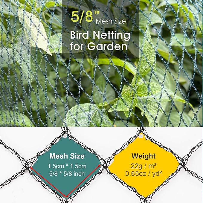 Bird Netting for Garden Protection, 7.5 x 33 FT Heavy Duty Garden Netting with Ties and Landscape Staples for Vegetable, Fruit Trees & Other Plants Against Birds Deer Squirrels and Poultry