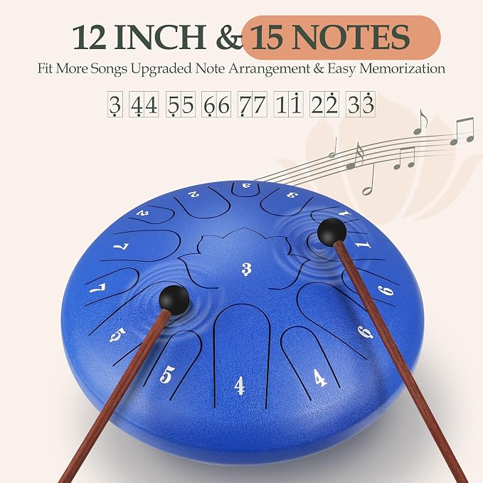 Steel Tongue Drum - 15 Note 12 Inch C Major Handpan Drum for Meditation and Beginners, with Music Book, Rain Drum Mallets, and Carrying Case (Blue, 12 Inch)