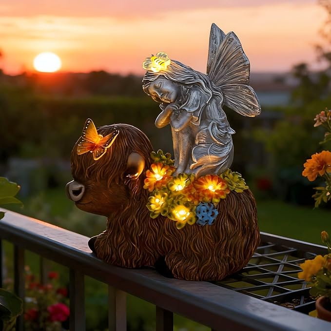 Angel Garden Decor Statue Solar Angel Sitting on Highland Cow Succulent Butterfly Bee LED Lights Outdoor Decorations for Yard Patio Housewarming Gift for Mom Women