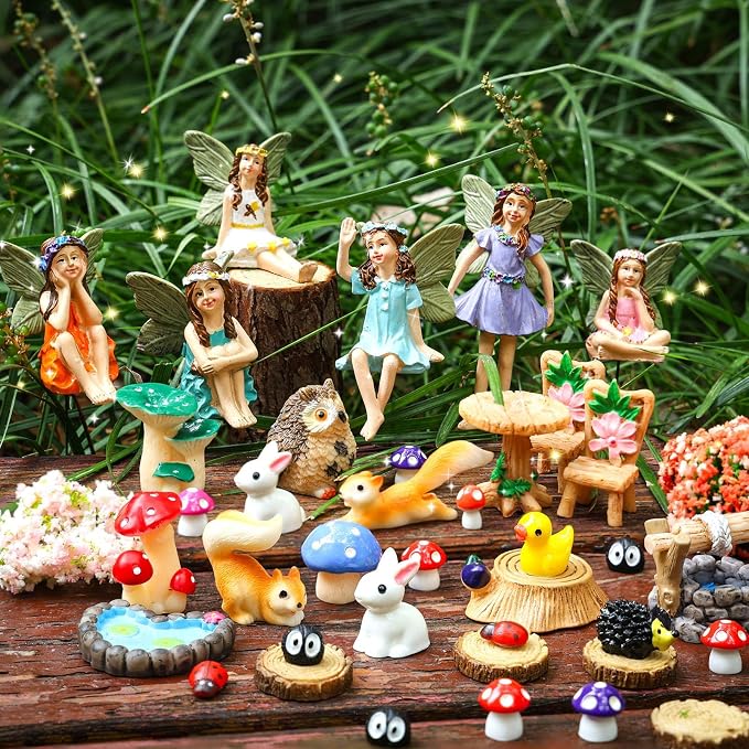 100 Pcs Fairy Garden Accessories Miniatures Figures Kit Micro Landscape Terrarium Ornaments Resin Mushroom Animal Fake Pond Lawn Bridge Garden Decoration