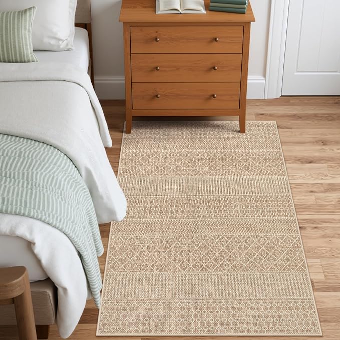 Lahome Farmhouse Washable 3x5 Entryway Rug, Non-Slip, Beige/Brown | Boho Textured Neutral, Low-Pile, Geometric Pattern, Modern, Moroccan, Entryway Hallway Runner Kitchen Bathroom Laundry Room