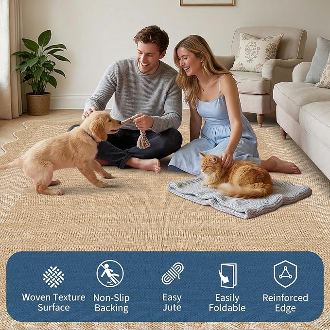 Garvee Large Area Rug 10x13 Rugs Easy Jute Washable Rug, Beige | Scalloped Area Rug Stain Resistant Easy Cleaning Throw Rugs Low Pile Floor Cover for Nursery Dining Room Apartment