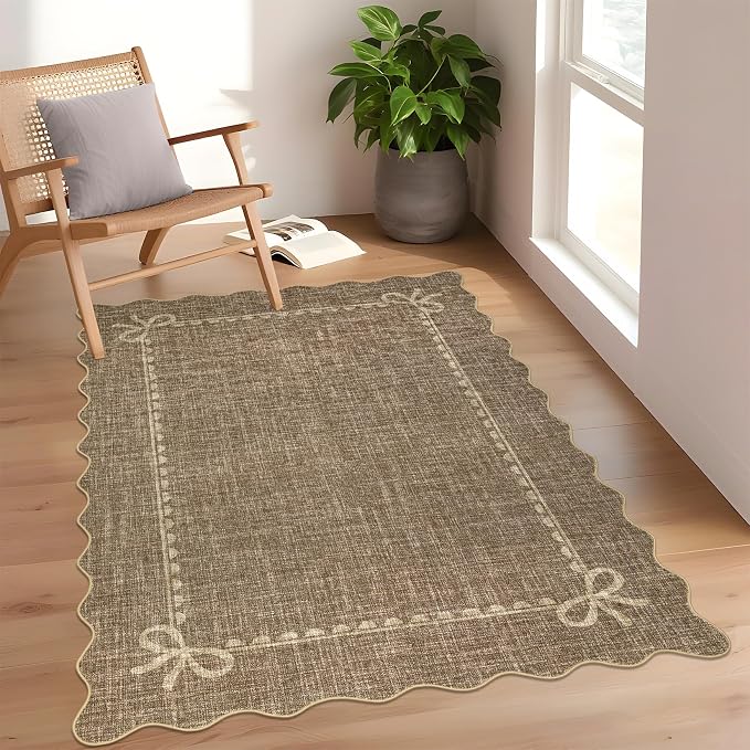 GarveeHome Scalloped Bow Rug 3x5 Washable Brown Rug for Bedroom Living Room | Non Slip Soft Low Pile Indoor Carpet for Nursery Girls Bedroom Decor Hallway Kids Room College Dorm Playroom