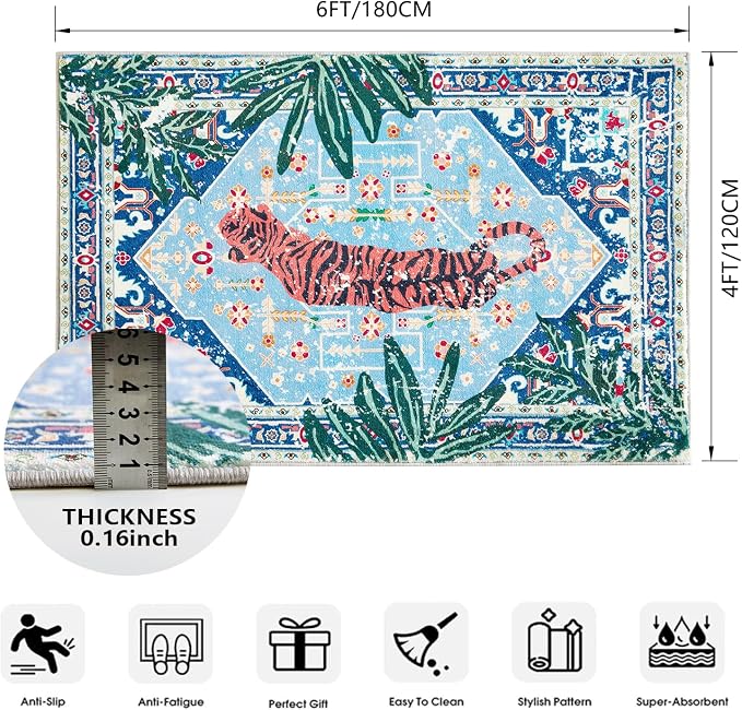 Vintage Rugs Boho Abstract Tropical Jungle Leopard 4x6 Area Rugs Accent Oriental Carpet for Bedroom Kitchen Dining Living Room Modern Indoor Entry Entrance Floor Rug Washable