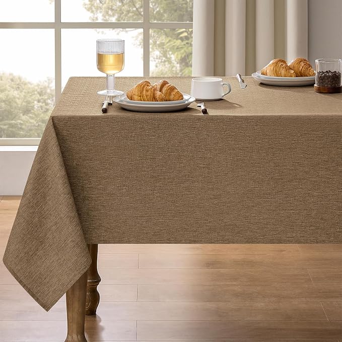 Decorelia Faux Linen Tablecloth for Dining Room, 60 x 104 Inch (8-10 Seats), Coffee