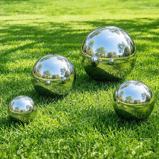 10 Pack Stainless Steel Gazing Balls, 50-150 mm Garden Mirror Globe Floating Pond Sphere, Silver Polished Hollow Ball Reflective Ornament for Home Yard Outdoor Lawn Decoration