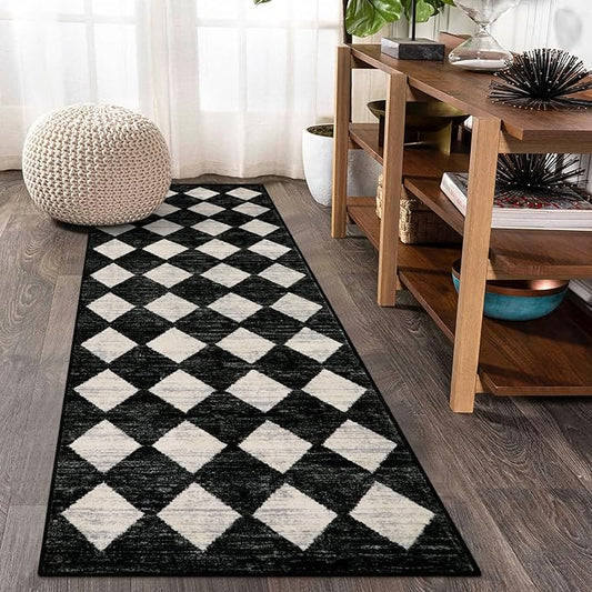 Checkered Kitchen Runner Rug 2x6 Black, Non Slip Washable Hallway Bathroom