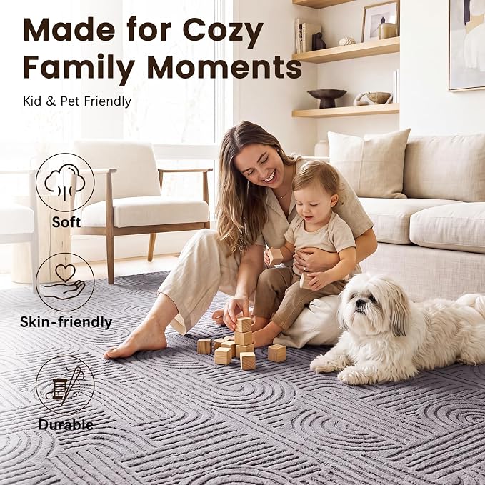 Etwel 6.5 ft Dark Gray Geometric Textured High-Low Pile Washable Round Rug | Modern Soft Carpet, Non-Slip PVC Backing, Low Profile, Kid and Pet Friendly, for Living Room, Bedroom, Dining Room, Nursery