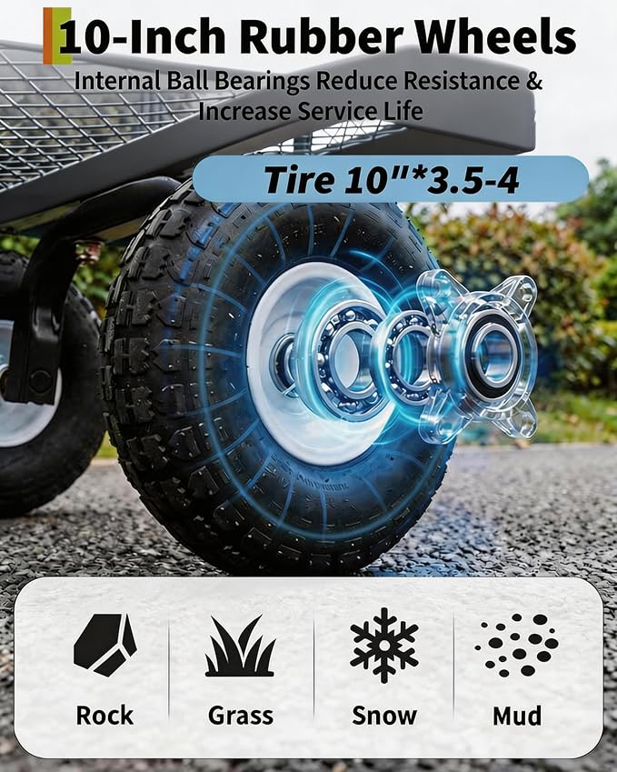 GarveeTech 400LBS Heavy Duty Steel Garden Cart, Garden Wagon Cart on Wheels, Metal Yard Utility Wagon with Removable Mesh Sides, 10" All Terrain Tires, 180° Rotating Handle for Lawn, Garden, Farm