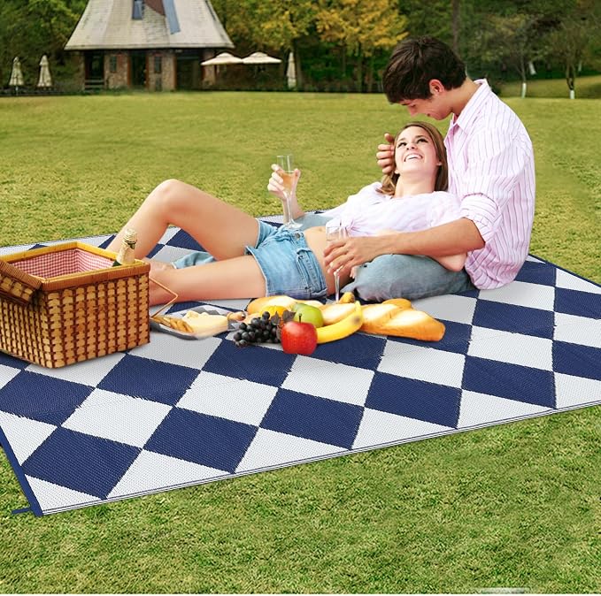 Garvee 9x12 Outdoor Rug for Patio Plastic Straw Rug Waterproof Reversible Mat Lightweight Foldable Carpet Easy Clean Large Rugs for Patio Porch Backyard Camping RV Beach Balcony Deck Checkered Navy