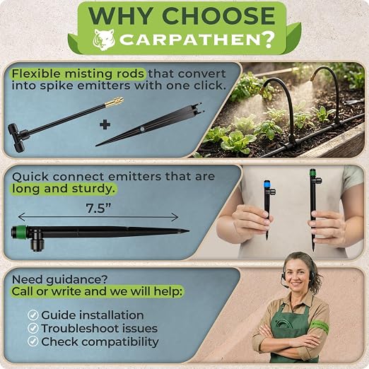 CARPATHEN 100FT Drip Irrigation System - Pressure Optimised Garden Watering System w 15pcs 360° Atomizing Nozzles, 16 Adjustable Drip Emitters 5/16 and 1/4 Tubing - Complete Watering Spray System