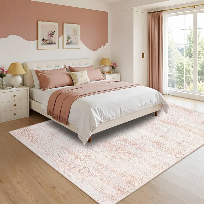 Latte&Fog Pink Rugs for Girls Bedroom Washable Cute Floral 6x9 Area Rug | for Dining Kitchen Kids Nursery Playroom Guest Room Classroom Dorm Farmhouse Office, Non Slip Low Pile Soft Floral Carpets