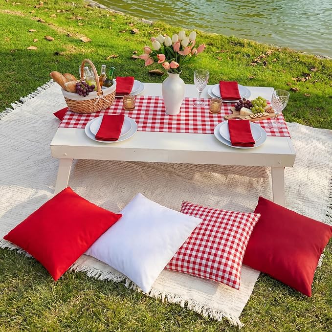 Yuntau Large Outdoor Boho Picnic Blanket with Table Runner 8 Pink White Red Pillows Covers No Pillow Summer Picnic Decor for Camp Birthday Party Bridal Shower Outdoor Backyard Garden(Red)