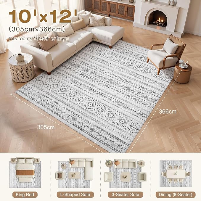 cotiled Boho 10x12 Area Rug for Living Room: Large Moroccan Washable Rug | Solve Modern Neutral Trendy Home Decor - Stain Resistan Carpet for Bedroom Farmhouse Cream Grey