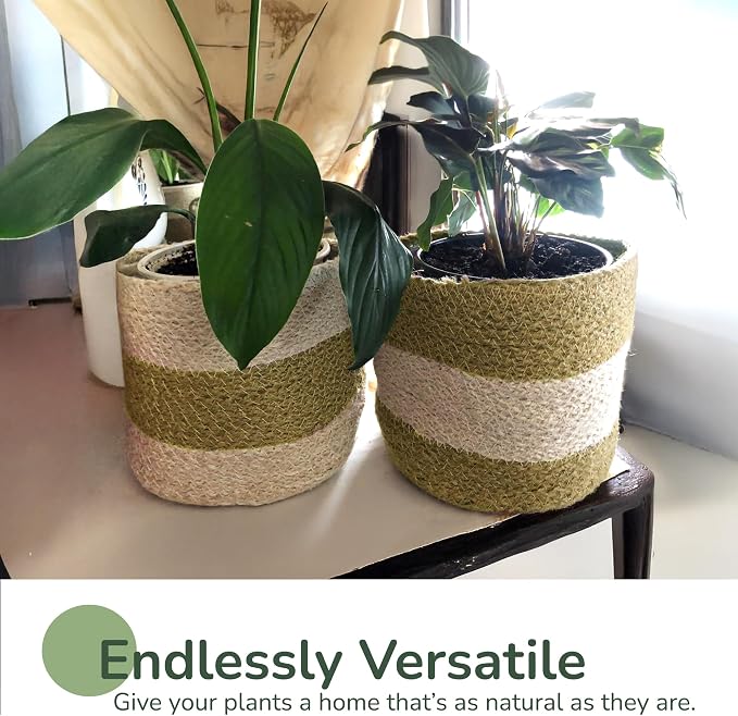 Jute Planter Basket-Woven Jute Rope Covers for Decorating Indoor/Outdoor Succulents, Small Plant Pots-Set of 2-Multi-Purpose Storage Bins 6.5 Inches - Modern Style Décor- Olive & Natural