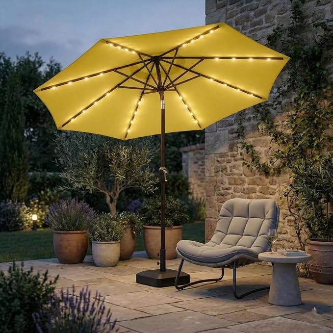 Kingdura 10FT Outdoor Patio Umbrella with Solar Lights, Market Table Umbrella with Push Button Tilt & Crank, 8 Sturdy Ribs, 32 LED Lights, UV Protection for Garden Lawn Deck Backyard Pool (Yellow)