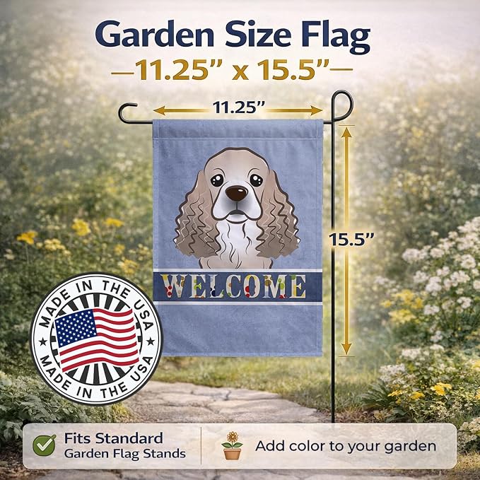 Caroline's Treasures BB1402GF Cocker Spaniel Welcome Garden Flag, Blue Mailbox Flag Decorative Yard Flag Banner Outside Patio Artwork Yard Flower Beds, Garden Size, Multicolor