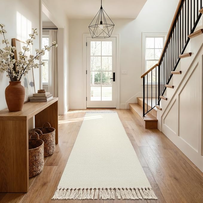 Boho Washable Kitchen Rug, White Hallway Runner Rugs | 2.6' x 8' Modern Farmhouse Bathroom Rugs, Hand Woven Entry Hall Carpet for Laundry Bedroom Hallway Bedside Porch Decor