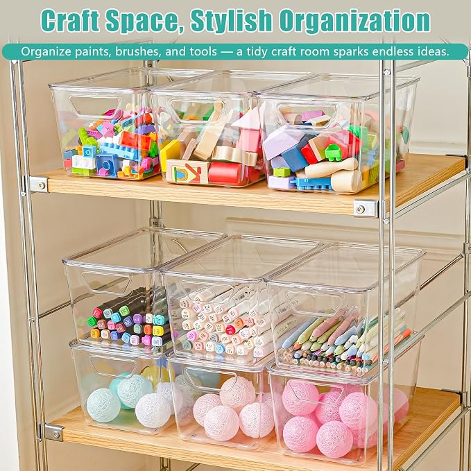 6 Pack Medium Clear Storage Bins with Lids, Acrylic Arts and Craft Storage Containers, Stackable Clear Plastic Craft Storage Bins with Handles for Pantry Organizers and Storage, Kitchen, Fridge,Office