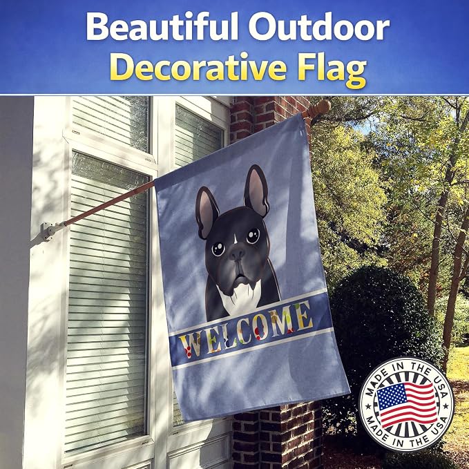 Caroline's Treasures BB1413CHF French Bulldog Welcome House Flag, Blue Large Porch Sleeve Pole Decorative Outside Yard Banner Artwork Wall Hanging, Polyester, House Size, Multicolor