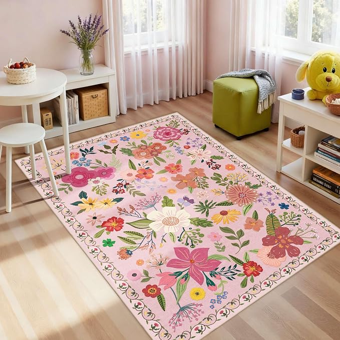 Latte&Fog 3x5 Entryway Area Rugs, Washable Floral Pink Rugs for Living Room | for Girls Bedroom Dining Kitchen Kids Playroom Nursery Classroom Dorm Farmhouse Office, Non Slip Low Pile Soft Floral Carpet
