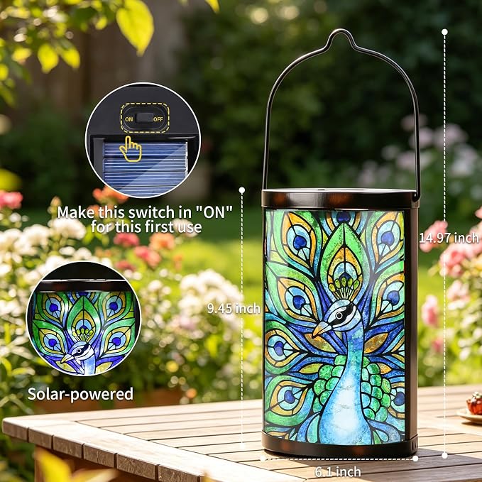 Hanging Solar Lantern Outdoor Waterproof LED Solar Lights Peacock Decorative Solar Lanterns Tabletop Lamp for Outdoor Patio Garden Yard Decor