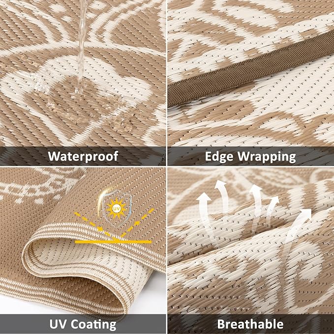 Pauwer Waterproof Outdoor Rug 5x8, Reversible Plastic Straw Patio Camping Rug, Indoor Outdoor RV Mat Carpet for Deck, Camper, Porch, Balcony, Backyard, Picnic, Floral Brown