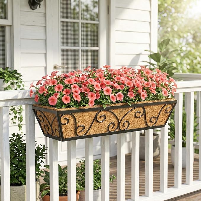 Y&M Outdoor Rectangular Window Box Planter, 24-Inch 2PCS Deck Railing Planter Boxes & Hanging Railing Planters with Coco Coir Liner, Rust-Resistant Steel, Large Capacity for Balcony, Porch, and Garden