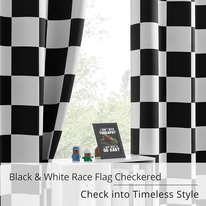 Rod Pocket & Back Tab Curtains, Race car Flag Checkered Curtains,100% Blackout, Thermal Insulated Noise Reducing Drapes for Bedroom, Black and White Curtains, 2 Panels, Each W52×L96