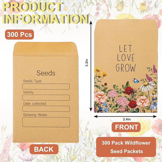 FYSUIMU 300Pcs Wildflower Seed Packets Let Love Grow Self-Adhesive Kraft Envelopes Rustic Floral Seed Storage Pockets for Garden Office Party Favors Supplies, 3.15 x 2.4 Inch