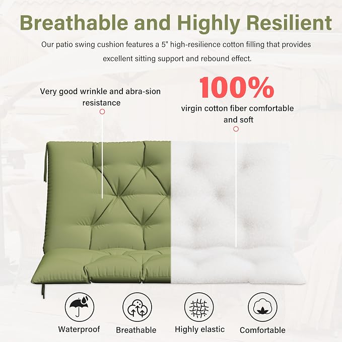 Porch Swing Cushion with Backrest,Waterproof Bench Cushion for Outdoor Furniture,2-3 Seater Replacement Thickened 5 in swing cushion,with Ties,Patio,Outdoor,Backyard and Garden (Light Green,40x40 in)