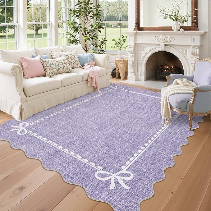 GarveeHome Scalloped Bow Rug 9x12 Washable Purple Rugs for Girls Bedroom | Non Slip Soft Low Pile Indoor Large Carpet for Living Room Nursery Decor Hallway Kids Room College Dorm Playroom