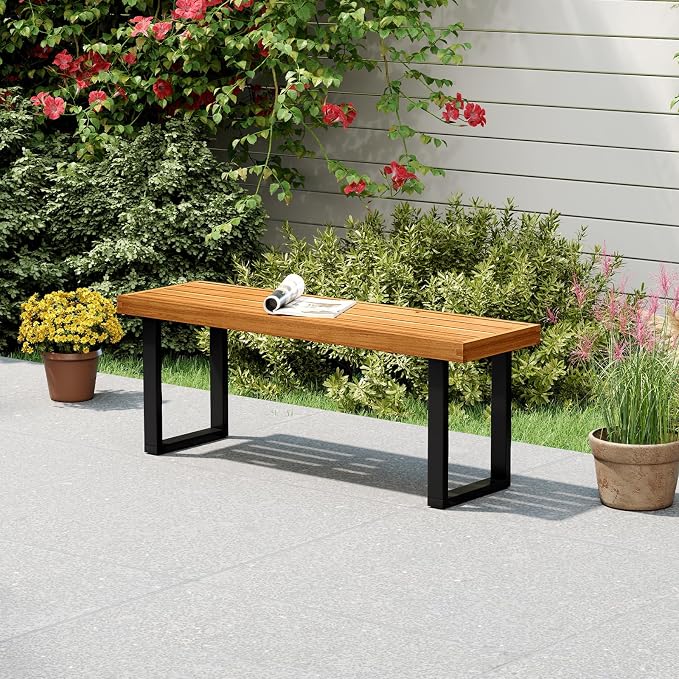 HAPPYGRILL Acacia Wood Bench for 2 People, Outdoor Dining Bench with Metal Legs & Adjustable Foot Pads, for Entryway, Garden, Poolside, Balcony, 800 LBS (1)