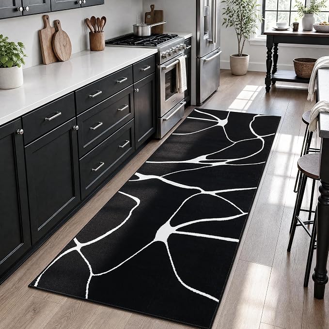 2x6 Washable Modern Black White Kitchen Runner Rug | Ultra-Thin Low Pile, Non-Slip TPE Backing, Soft Stain Resistant, Machine Washable, for Bedroom Livingroom High Traffic