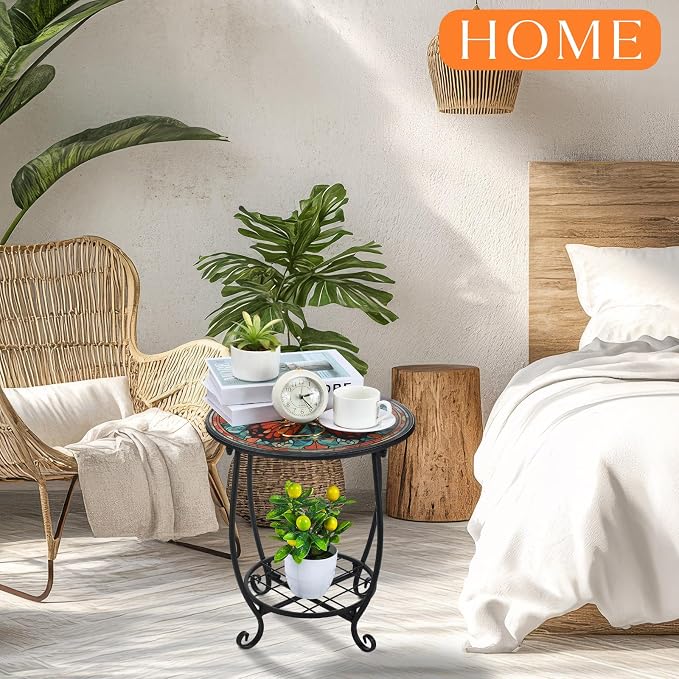 Cinnvoice Outdoor Side Table Round Small Mosaic Patio Accent Indoor End Plant Coffee Tea Table for Yard Patio Porch Garden Living Room, Bedroom(Butterfly B Style,18 Inch)