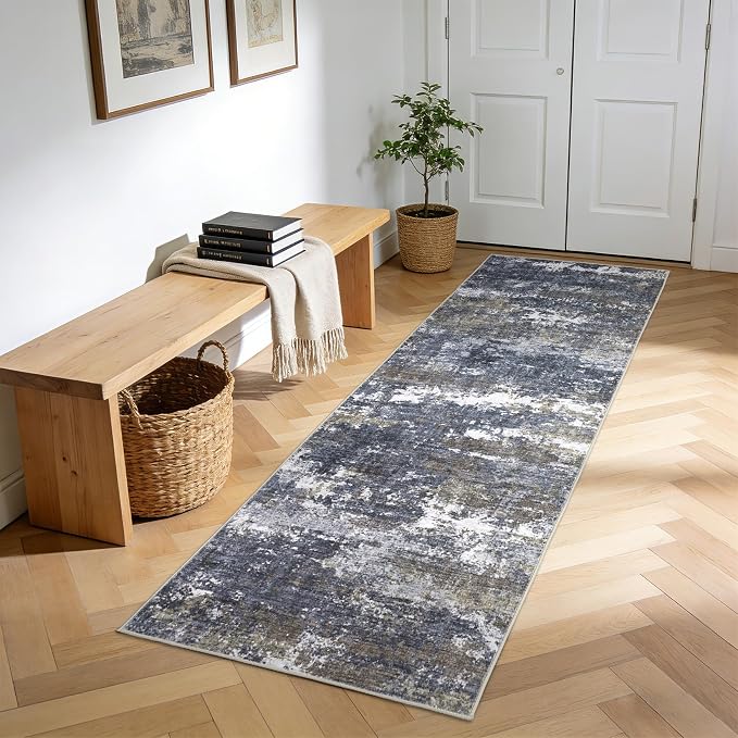 ROYHOME Abstract Runner Rugs 2x10 Grey Brown | Non Shedding Rug Low Pile Stain Resistant for Bedroom Hallway Kitchen